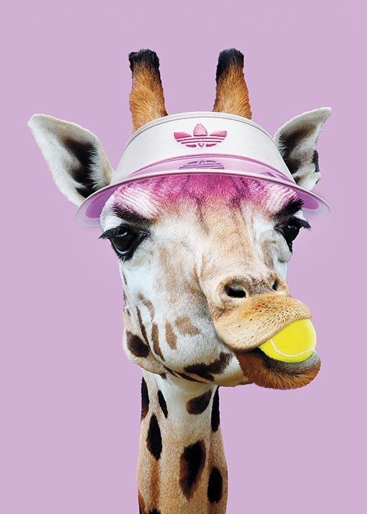  – Poster photo amusant d'une girafe portant une tenue de tennis avec une balle de tennis dans sa bouche