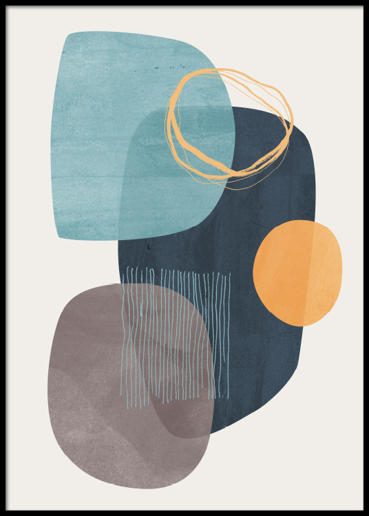 – Art graphique abstrait avec des formes abstraites en bleu et orange sur un fond beige