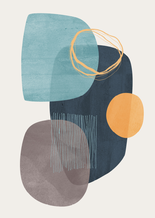  – Abstrakte grafische Kunst mit abstrakten Formen in Blau und Orange auf einem beigen Hintergrund