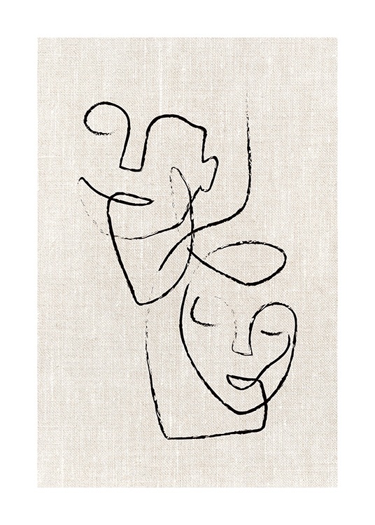  – Illustration avec deux visages abstraits en noir, dessinés sur un fond en lin beige