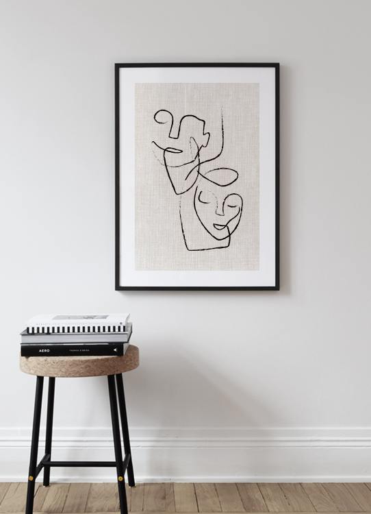  – Illustration avec deux visages abstraits en noir, dessinés sur un fond en lin beige