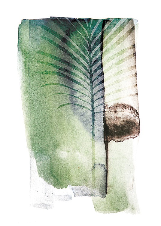 – Kunstdruck von grünen Strichen mit einer Cycad–Pflanze auf weißem Hintergrund.