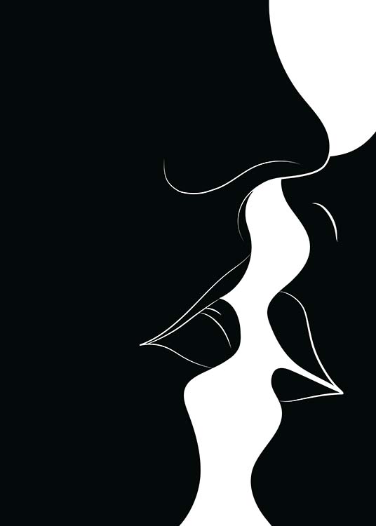– Schwarz–Weiß–Poster von zwei Menschen, die sich fast küssen.