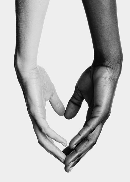 –Schwarz–weißes Poster von sich berührenden Händen.