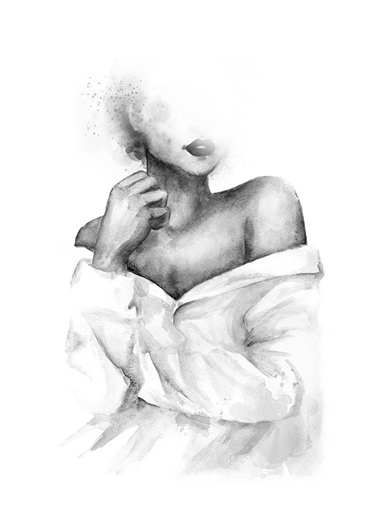  – Illustration à l’aquarelle en noir et blanc d’une femme avec les épaules dénudées