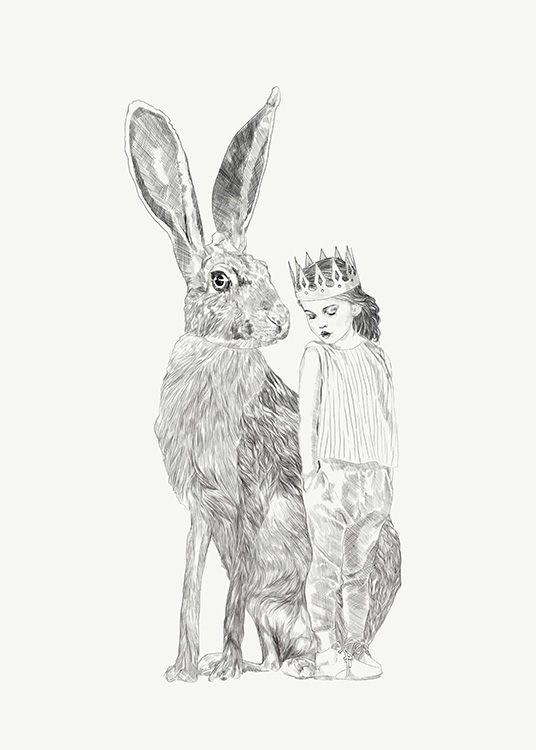 –Zeichnung eines Mädchens und eines Kaninchens nebeneinander.