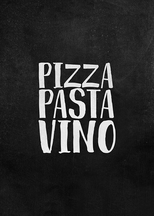 – Poster mit dem Text „Pizza pasta vino“ auf einer Kreidetafel.