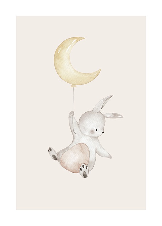  – Leuke illustratie van een zwevend konijntje dat een maanvormige ballon vasthoudt