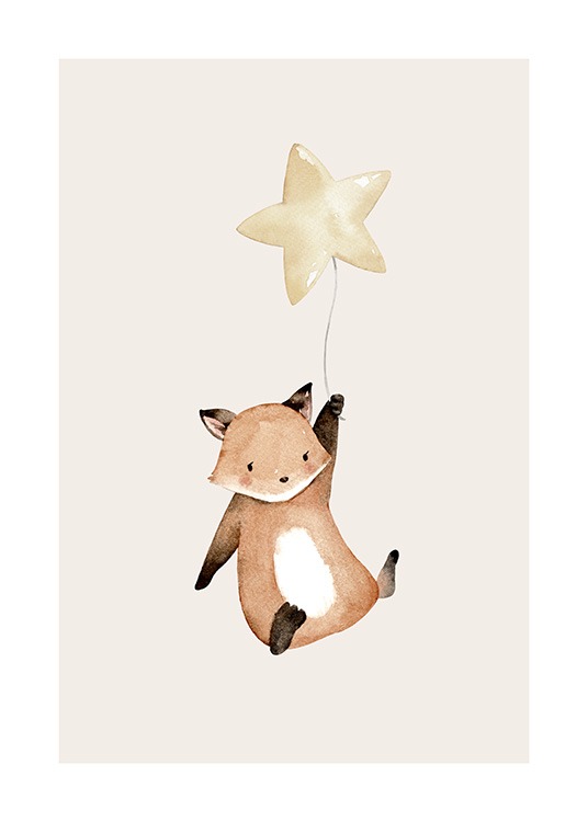  – Illustration mignonne d’un renard volant qui tient un ballon en forme d’étoile