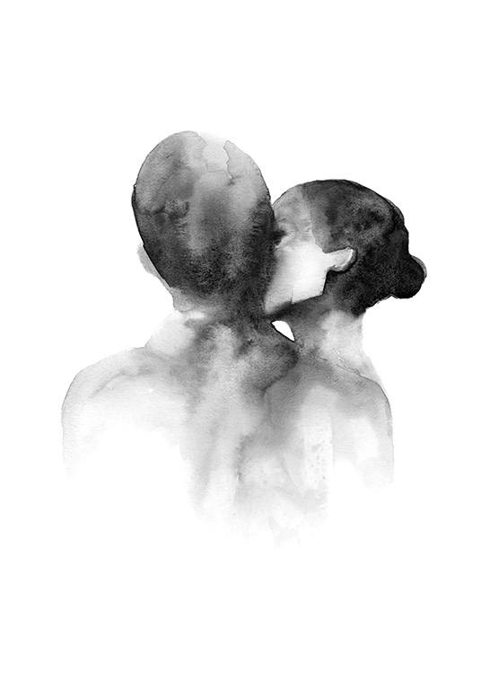  – Aquarell-Illustration in Schwarz-weiß mit einer Frau, die einen Mann auf die Wange küsst