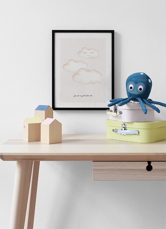 Kinderposter mit der Illustration von Wolken mit geschlossenen Augen mit Text darunter