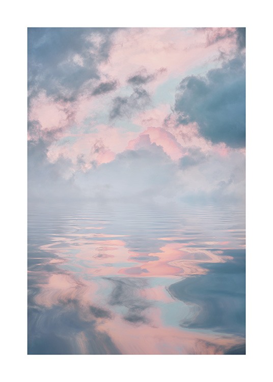 Poster met natuurmotief van meer en lucht met pastelkleurige wolken reflecterend in het water 