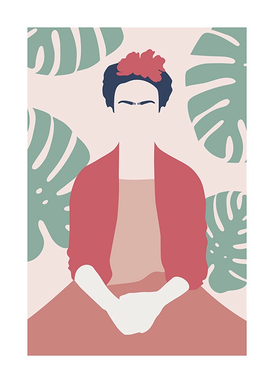 Gravure graphique illustrée de Frida Kahlo en vêtements rouges assise devant des feuilles de monstera