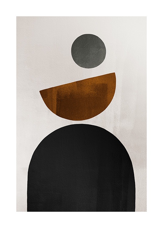  – Illustratie in zwart, bruin en grijs met geometrische figuren op een beige achtergrond