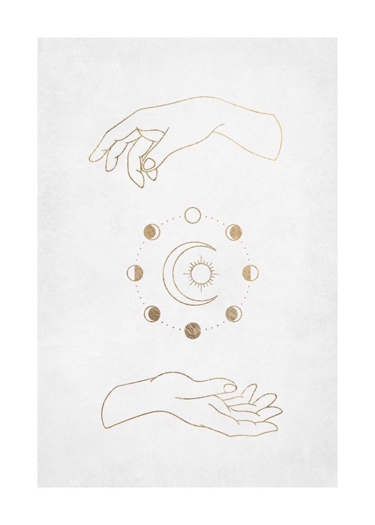 – Illustration graphique de deux mains avec des cercles dorés et une lune et le soleil entre eux