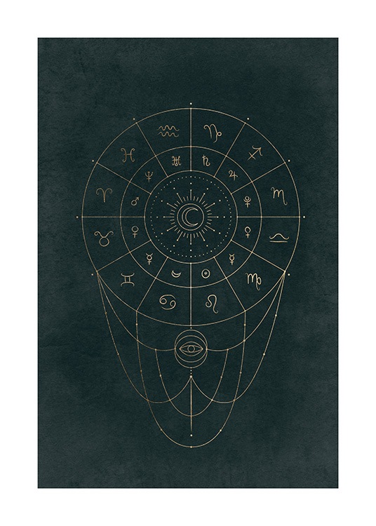  – Illustration graphique avec un cercle doré et des signes astronomiques