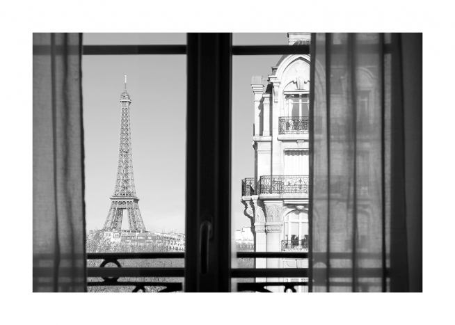  – Photographie en noir et blanc de la Tour Eiffel et d’un immeuble vus d’une fenêtre