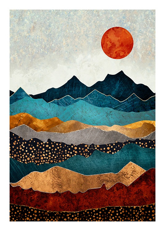  - Grafische illustratie met een kleurrijk berglandschap en een rode zon op de achtergrond