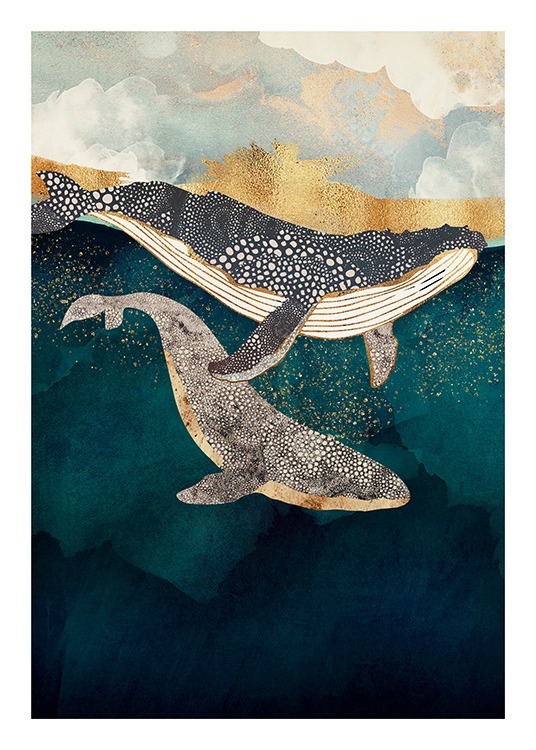  - Illustration graphique bleue de deux baleines nageant dans un océan