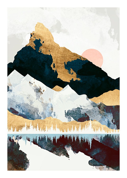  - Grafische Darstellung einer Landschaft mit Bergen und einem Mond, der sich in einem See spiegelt