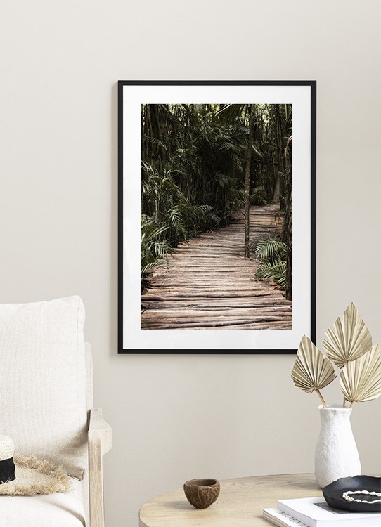  – Photographie d’une jungle avec des palmiers entourant un sentier en bois