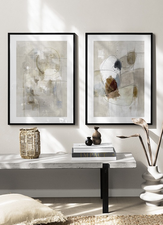  – Beige schilderij met bruine en blauwe abstracte vormen