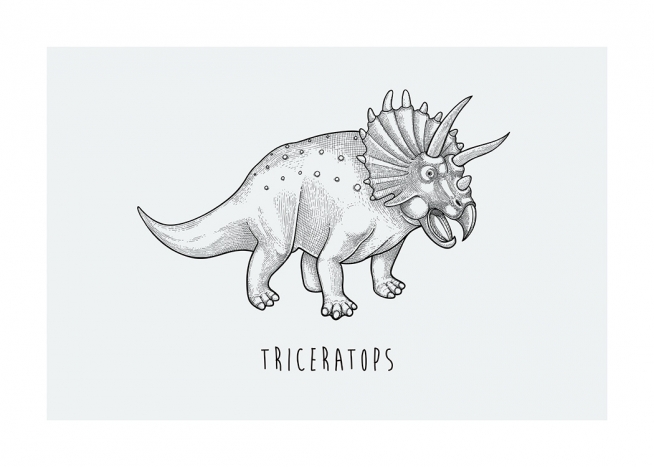  – Illustration d’un tricératops, dessiné en noir sur un fond bleu-vert