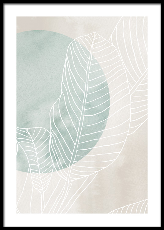  – Feuilles de ficus illustrées en blanc avec un cercle vert derrière elles et un fond beige