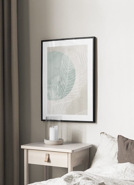  – Getekende ficusbladeren in het wit, met een groene cirkel erachter en een beige achtergrond