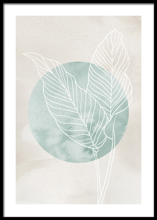  – Witte bladeren in line art met een groene cirkel erachter, op een beige achtergrond