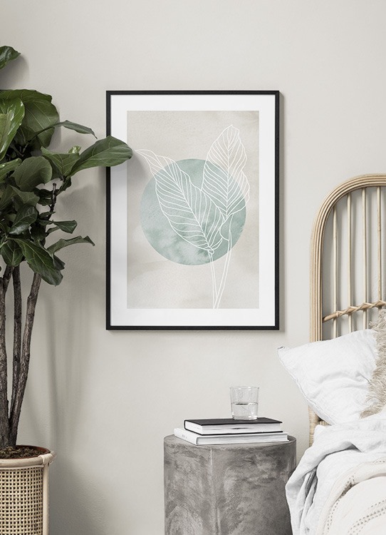  – Witte bladeren in line art met een groene cirkel erachter, op een beige achtergrond