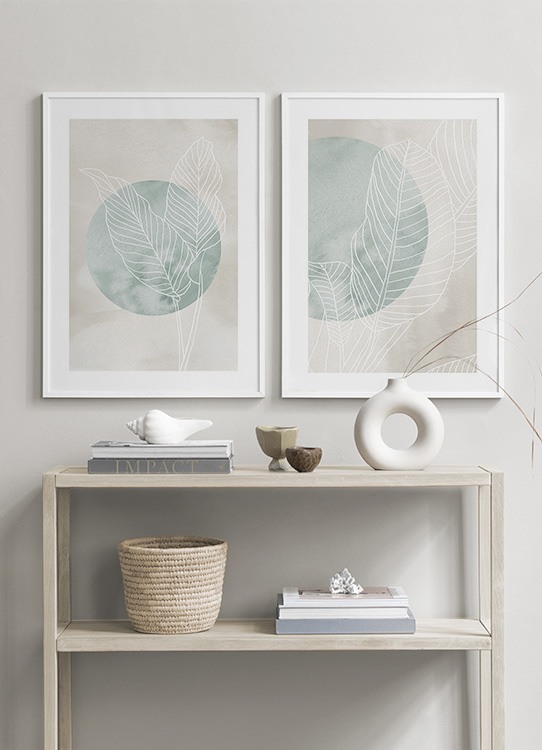  – Witte bladeren in line art met een groene cirkel erachter, op een beige achtergrond