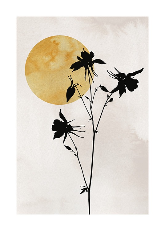  – Illustration avec de petites fleurs noires sur un fond beige avec un soleil jaune dans l’angle