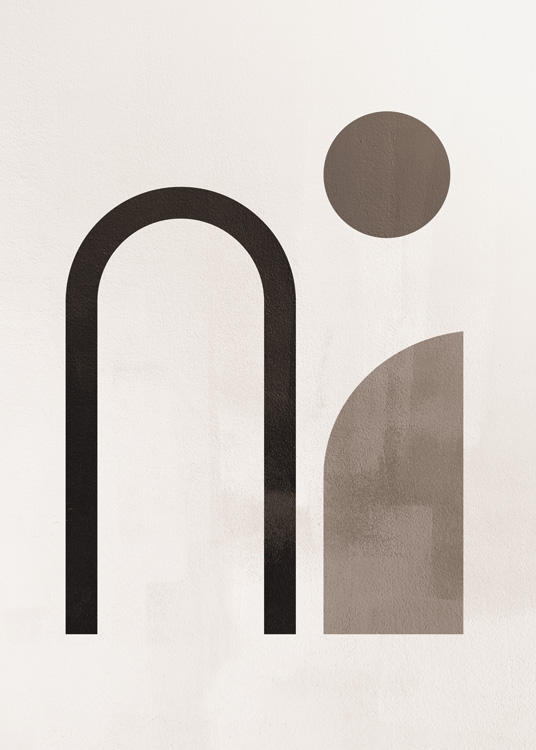  – Illustration graphique de formes marron et d’une arche noire sur un fond beige