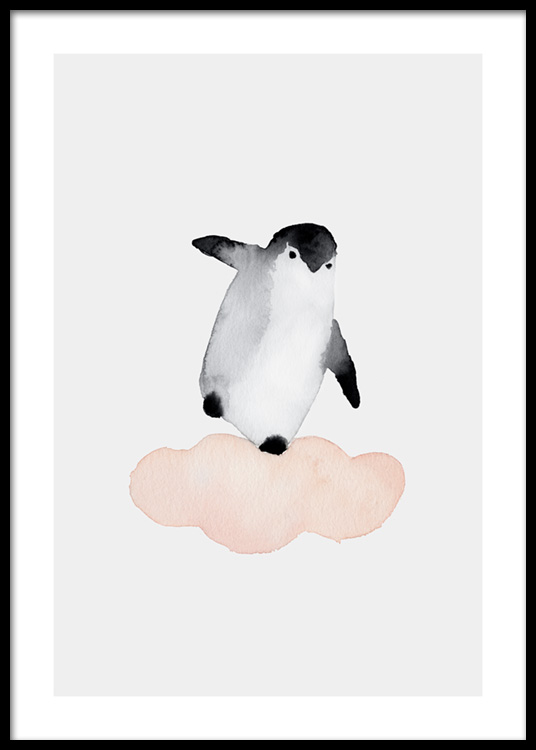  – Schilderij in aquarel van een pinguïn die op een roze wolk balanceert, tegen een lichtgrijze achtergrond
