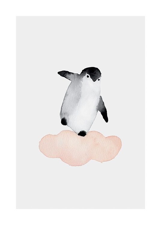  – Aquarell eines Pinguins, der auf einer rosa Wolke balanciert, vor grauem Hintergrund