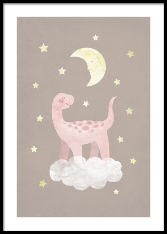  – Illustration d’un dinosaure en rose se tenant sur un nuage avec des étoiles et une lune tout autour, sur un fond marron