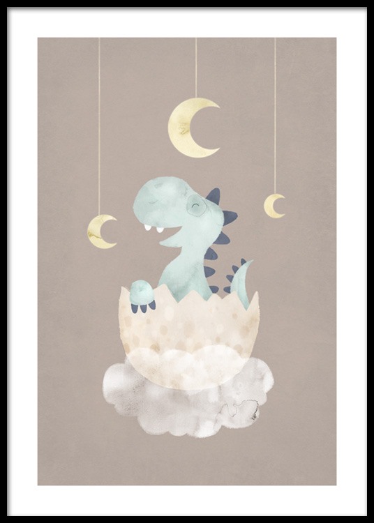  – Illustration eines kleinen, blauen Dinosauriers in einem Ei auf einer Wolke vor braunem Hintergrund