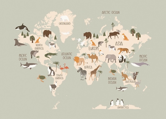  – Illustration graphique d’animaux sur une carte du monde beige sur un fond gris