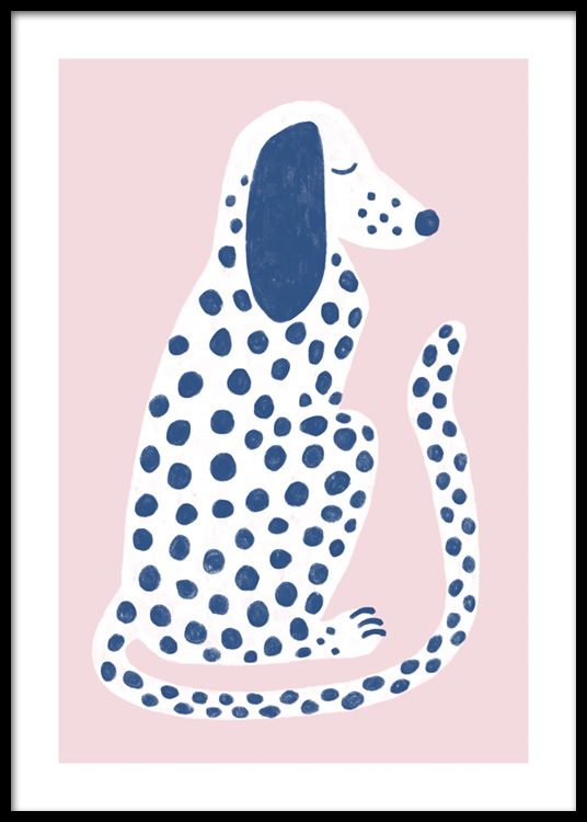  – Grafische Illustration eines gefleckten Hundes in Weiß mit blauen Flecken vor einem rosa Hintergrund