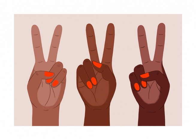  – Illustration graphique de mains aux ongles peints en rouge faisant le signe de paix, sur un fond rose clair