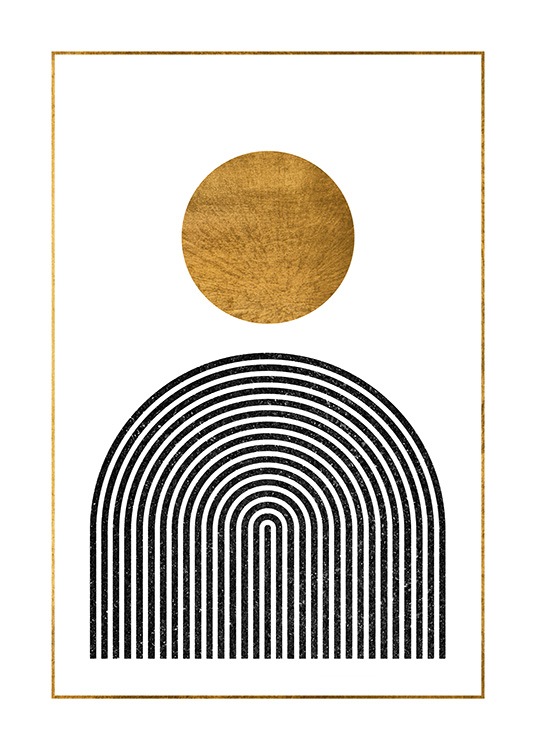  – Illustration graphique avec un cercle doré au-dessus d’une arche noire sur un fond blanc