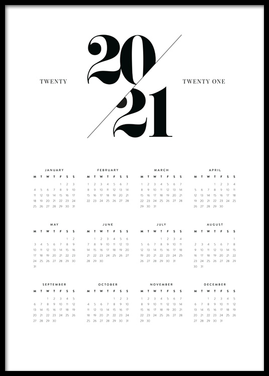  – Kalender in zwart-wit voor 2021 met een maandoverzicht