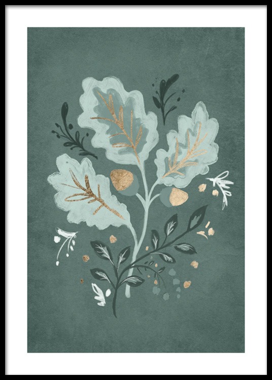  – Illustration mit Eichenlaub und Eicheln in Grün und Gold auf grünem Hintergrund