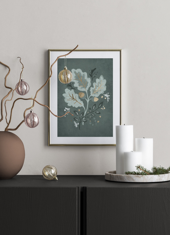  – Illustration avec des feuilles de chêne et des glands en vert et doré sur un fond vert