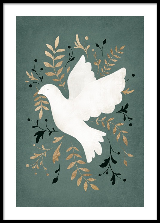  – Illustration, die eine weiße Friedenstaube und Blätter in Gold und Schwarz auf grünem Hintergrund zeigt