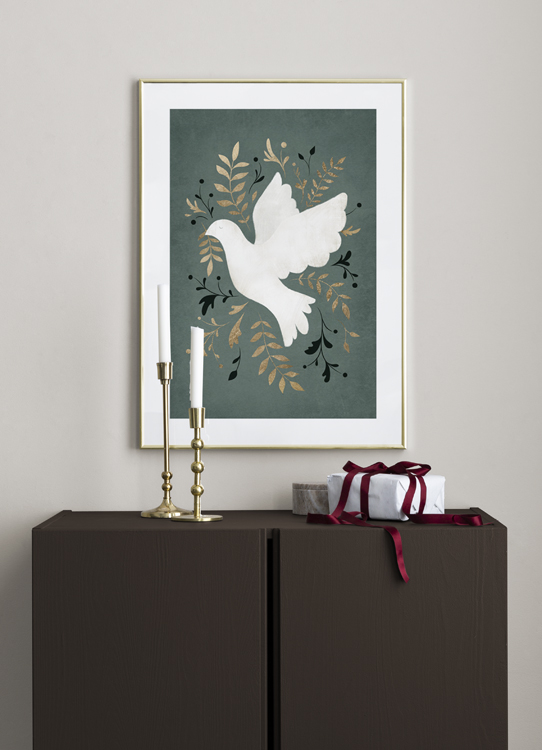  – Illustration d’une colombe de la paix blanche et de feuilles en noir et or sur un fond vert
