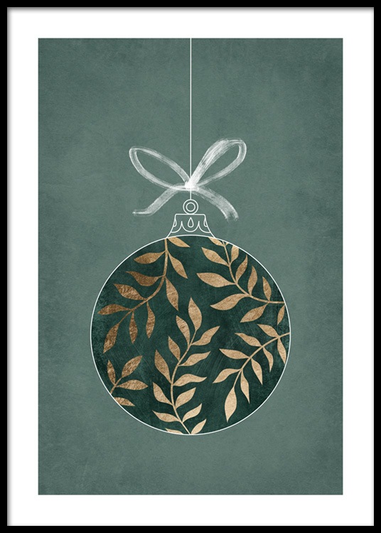  – Illustration, die grünen und goldenen Weihnachtsschmuck an einer weißen Schnur vor grünem Hintergrund zeigt