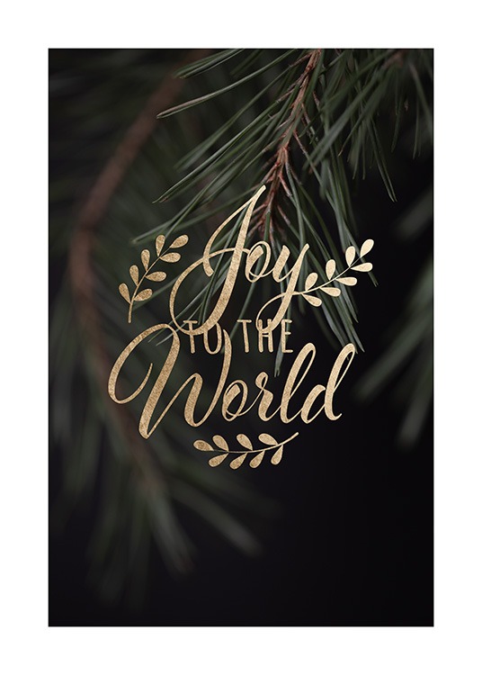  – « Joy to the world » et des feuilles dorées, sur un fond vert avec des aiguilles de sapin