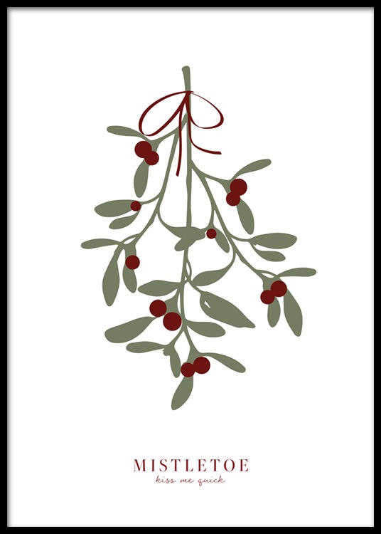  – Illustratie van een maretak met groene bladeren en rode bessen en tekst eronder